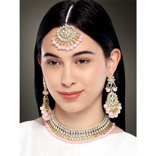 Aheli Faux Kundan Beaded Necklace Earrings Maang Tikka Indian Bollywood Ethnic Jewelry Set Gift for Women - color: Pink 1