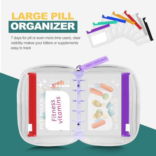 Timueetech A7 Waterproof Pill Organizer with 7 PCS L Size Zippered Pill Pouches for A7 Binder, Large BPA-Free Weekly Medicine Organizer, Color-Coded Reusable Travel Pill Storage System - color: Purple