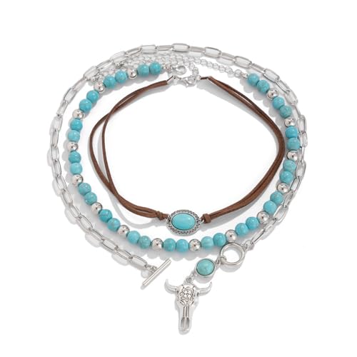 Fuqimanman2020 Boho Layered Western Necklaces for Women Cowgirl Cactus Turquoise Beaded Ox-head Hat Pendant Country Concert Jewelry - color: A