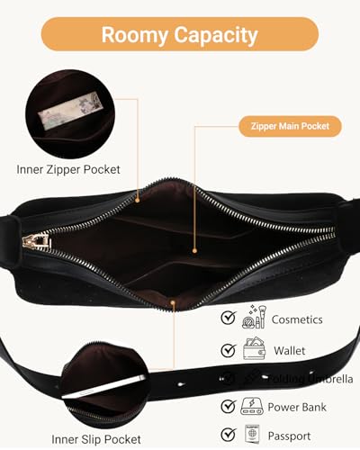 Herald Suede Crossbody Bag for Women, Vintage Hobo Handbag Crescent Shoulder Purses with Adjustable Strap Winter Fall - color: Suede Black