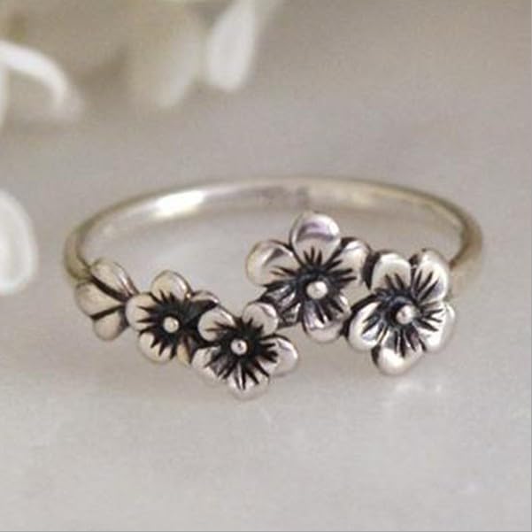 Vintage Blooming Wild Floral Ring Index Finger Ring Retro Daisy Flower Hawaiian Vine 925 Sterling Silver 4 Plumeria Flowers Wedding Band Ring for Women Boho Ring Jewelry Gift 6# - size: 6#