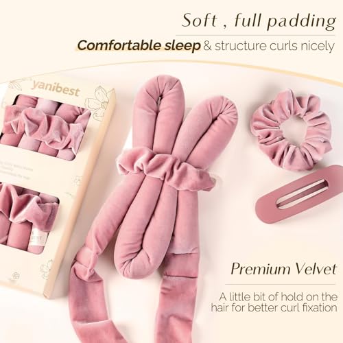 Yanibest Heatless Curls Overnight, Soft Heatless Hair Curler to Sleep in, No Heat Ribbon Wrap, Heatless Curling Set for Long Short Hair with Hair Scrunchies and Clip - color: PurplePink