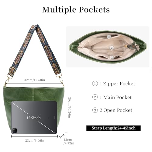 Hobo Bags for Women Crossbody Bag Guitar Strap Purse Vegan Leather Shoulder Handbags Boho Purses Tote Bucket Bag - color: Green