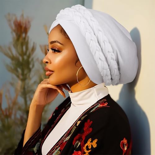 African Women Turban Caps Pre-Tied Twisted Turbans Head Scarf for Women Hair Wraps Cover Beanie Cancer Chemo Headwear - color: 1 Pack Double Twisted Braid A: White