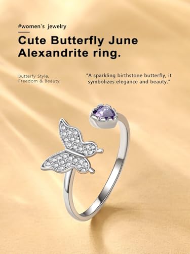 Bestyle 925 Sterling Silver Butterfly Ring Hypoallergnic Adjustable Birthstone Rings for Women Butterfly Jewelry Gifts for Anniversary Mothers' Day Birthday - color: 06.June (Alexandrite)-Ring Delicate