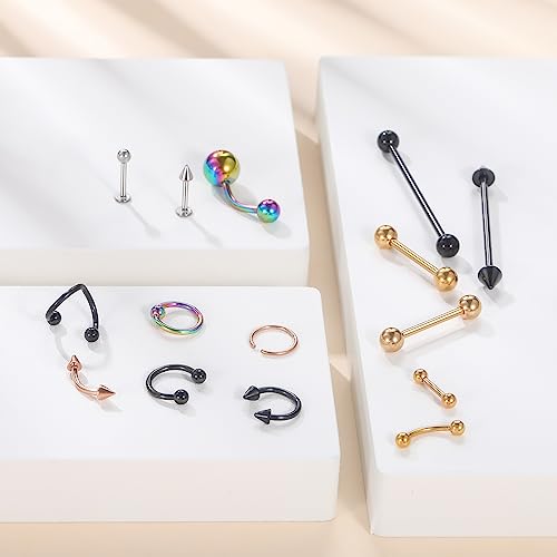 Xpircn 150PCS Piercing Kit Jewelry Stainless Steel Lip Nose Tongue Tragus Cartilage Daith Eeybrow Belly Button Rings Body Piercing Tools 14G 16G 20G - color: Mixed Color