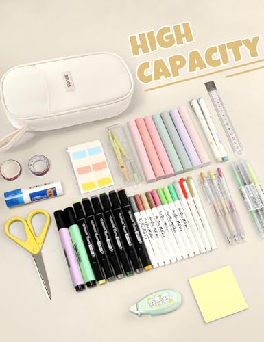 SUNEE Cute Pencil Case, Aesthetic Pen Pouch, Colored Large Pencil Bag with Zipper, Kawaii Stationery Storage and Organizer, School Supplies for Teen and Adult Girls, Beige - color: Beige