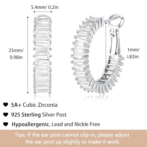 Trendy 14K Gold Plated Hoop Earrings for Women, Chunky Gold/Silver Earrings for Women Cubic Zirconia Baguette Hoop Earrings Heart Hoops Lightweight Hypoallergenic Jewelry,25mm/35mm/40mm/50mm - color: 01 Silver CZ Hoops 25mm