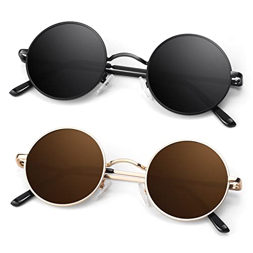 Round Polarized Sunglasses Men Women,Retro Metal Hippie Shades with 100% UV Protection - color: B2- Black Frame Black Lens + Golden Frame Brown Lens