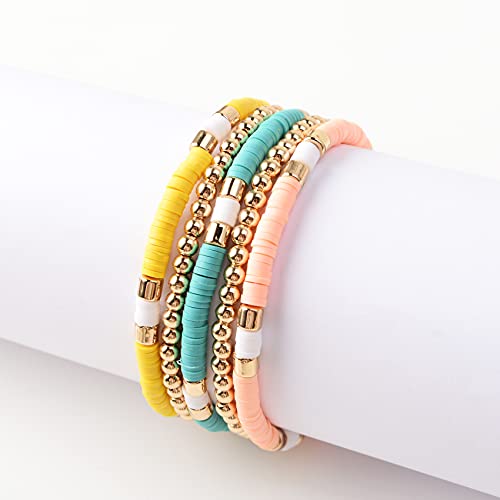 GOOJIDS Surfer Heishi Clay Bead Bracelets for Women Bohemian Stackable Gold Plated Beaded Stretch Bracelets Elastic Layering Friendship Bracelets Set Boho Jewelry - color: A-Multicolor 5pcs