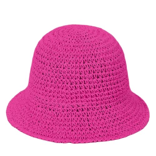 Womens Floppy Straw Sun Hat Packable Wide Brim Summer Beach Hat Foldable Crochet Bucket Hats - color: Rose Red 2