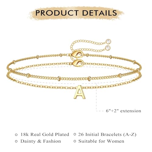 Turandoss Initial Bracelets for Mom Women, Dainty 18K Real Gold Plated Layered Letter A-Z Initial Bracelets Personalized 26 Alphabet Monogram Gold Bracelets for Women Birthday Jewelry Gifts Trendy - color: R