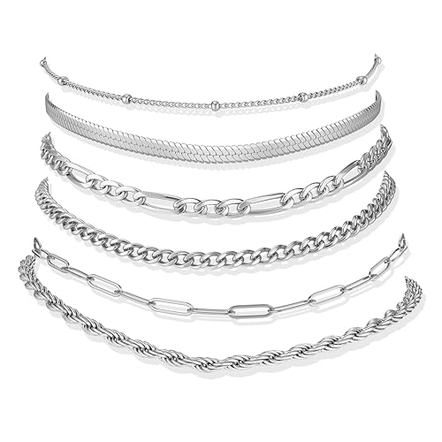 Besteel Ankle Bracelets for Women Waterproof - 14K Gold Plated Non Tarnish Layered Cuban Link Chain Rope Figaro Herringbone Anklets Set Plus Size Anklet Summer Foot Jewelry Gift Adjustable 8-12 Inch - style: 6 Pcs Steel Cuban-8.5+2.5 Inch