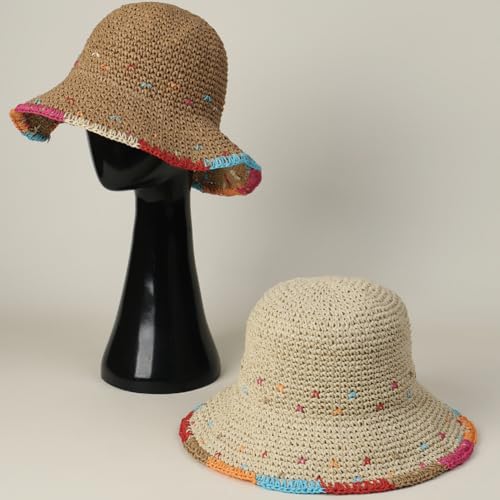 Women Straw Sun Hat Summer Beach Hats Foldable Floppy Cap Wide Brim Bucket Hat Solid Handmade Sun Protection Caps - color: Colorful-khaki