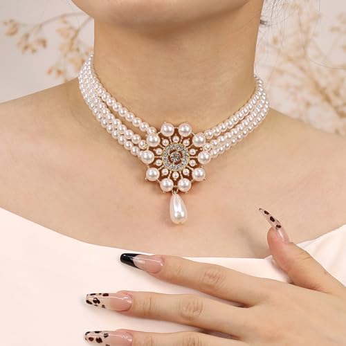 Bethynas Boho Layered Pearl Rhinestones Choker Necklace Vintage Chunky Pearl Crystal Pendant Short Necklace Chain Bridal Prom 1920s Costume Party Jewelry for Women - color: Pearl 5