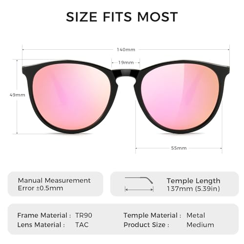 SUNGAIT Premium Vintage Round Sunglasses for Women Men Classic Retro Trendy Style - color: 14 Polarized Sakura Pink Lens/Black Frame(glossy Finish)