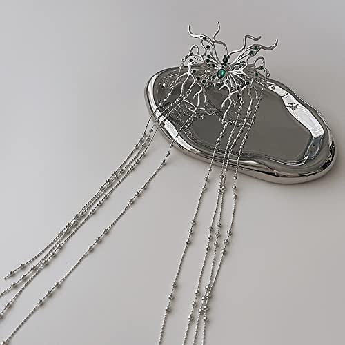 Jumwrit Silver Rhinestone Hair Clip Semi Circle Hair Barrette Long Beaded Chain Tassel Ponytail Holder Clip Boho Big Spider Hair Clip Bling Hair Accessories for Women Girls