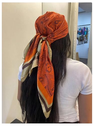 SweatyRocks Women's Printed Satin Hair Scarf Neckerchief Square Scarf Bandanas Head Wraps - color: Burnt Orange