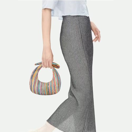 Huralona Women Straw Woven Clutch Purse Pleated Handbag for Summer Beach Vacation Straw Shoulder Crossbody Bag - color: Rainbow4