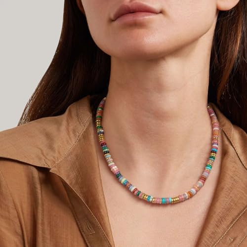KissYan Boho Beaded Choker Necklace for Women, Gemstone Choker Natural Stone Freshwater Pearl Surfer Necklaces 14K Gold Plated Summer Beach Handmade Jewelry - color: A-Rainbow
