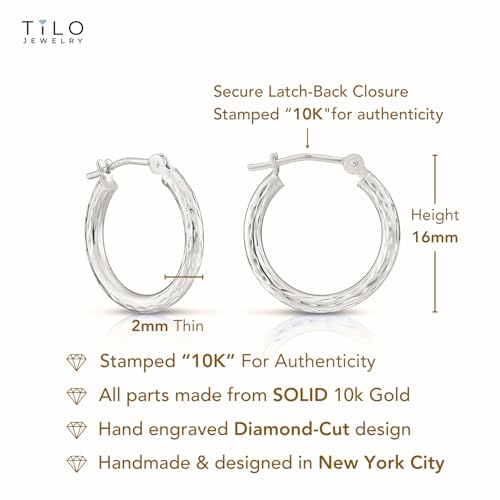 10K White Gold Hand Engraved Full Diamond-cut Round Hoop Earrings, Secure Latch Back Closure - style: 16mm