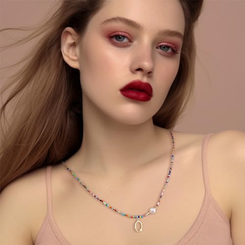 Colorful Pearl Beaded Initial Choker Necklaces for Women, Boho Handmade Personalized Seed Beads Letter Name Necklace Beach Surfer Bohemian Jewelry Gift - color: Y