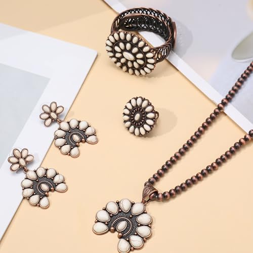 4 PCS Western Turquoise Jewelry for Women Boho Vintage Navajo Pearl Necklace Earring Bracelet Ring Set Country Cowgirl Accessories for Gift - color: B-White