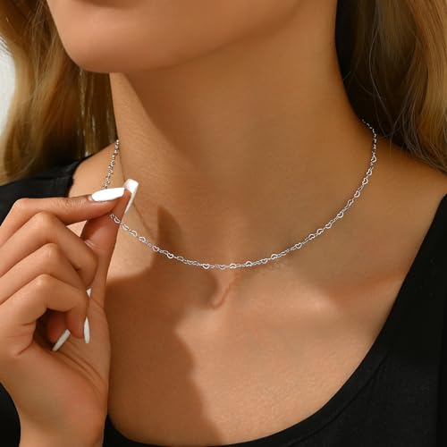 NONAMOIS Gold Chain Necklace for Women Dainty 18K Gold Plated Thin Satellite Beaded Turquoise Necklace Simple Layered Boho Jewelry Christmas Gifts - color: Heart Chain-White Gold
