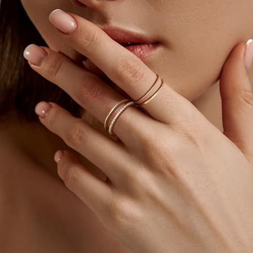 MILACOLATO 14K Gold Plated 1.3mm Thin Stackable Rings for Women - Minimalist Non Tarnish Half Cubic Zirconia Band Rings - Dainty Trendy Statement Stacking Rings Set Size 5-10 - color: 14K Gold