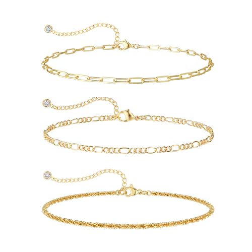 Ankle Bracelets for Women Gold/Silver Plated Anklets for Women Cuban Snake Beads Figaro Paperclip Box Link Chain Layered Anklet Set Dainty Fashion Waterproof Anklet Jewelry Gift for Women