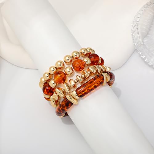 GOOJIDS Simple Beaded Gold Plated Bangles Bracelet Chunky Bamboo Tube Curved Stacking Clear Acrylic Colorful Beads Stretchable Gold Plated Bracelets Set For Women - color: T New Brown Beads Set