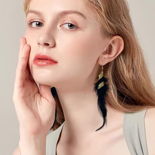 Feather Earrings for Women Bohemian Fringe Tassel Long Drop Dangle Earrings Lightweight Boho Statement earrings - color: black