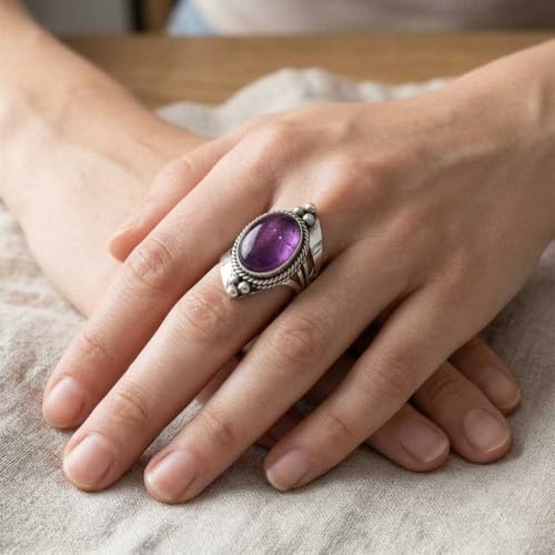 Handmade 925 Sterling Silver Plated Ring Natural Gemstone Carnelian, Rose Quartz, Tiger Eye, Crystal Oval Boho Jewelry For Women - color: Amethyst