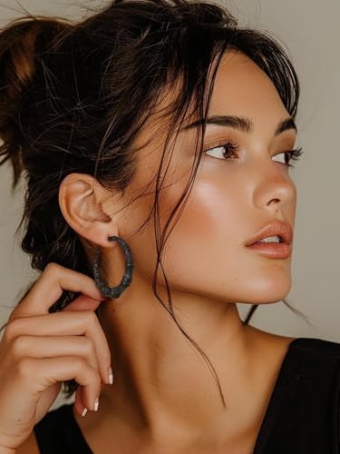 KeyStyle Bamboo Hoop Earrings for Women, Stainless Steel 90s Hoops Earring Lightweight Loops for Party, 2 mm Thick Hypoallergenic Vintage Circle Endless Thin Hoop (40mm, 60mm, 80mm,) - color: Black Plated-40mm