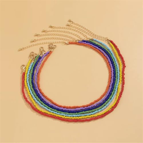 Colorful Beaded Necklace for Women 7Pcs Handmade Rainbow Layered Rice Beaded Necklaces Vintage Seed Bead Choker Necklace Bohemian Hawaiian Beach Adjustable Jewelry Gifts