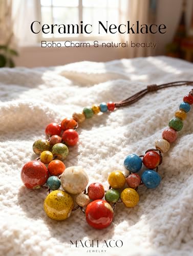 Magitaco Chunky Boho Statement Necklace for Women - Handmade Colorful Ceramic Beaded Hippie Jewelry, Adjustable Long Bohemian Necklaces for Casual Wear