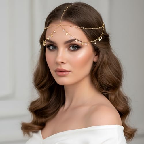 Head Jewelry for Women Rhinestone Sequin Gold Head Chain Boho Egyptian Gold Headpiece Hair Accessories for Women Egyptian Hair Accessories Festival Prom Wedding Bridal