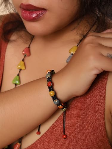 MINACHI Bohemian Colorful Ceramic Bead Adjustable Leather Bracelet, Boho Hippie Summer Jewelry Gift for Women - color: S01A