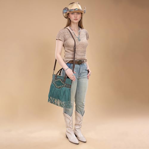 Trinity Ranch Crossbody Bags for Women Tooled Fringe Top Handle Handbags Vintage Western Purse - color: Turquoise