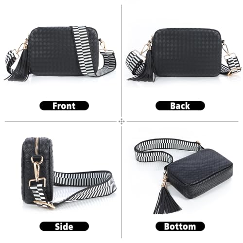 Woven Crossbody Bag Small Crossbody Bags for Women Leather Purse Trendy Boho Shoulder Bag for Women - color: Black