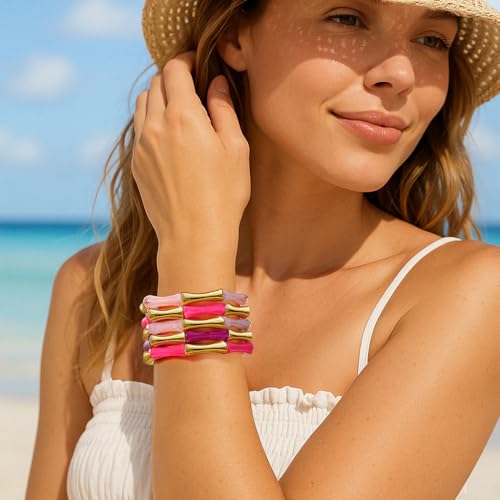 Gold Tube Bangle Bracelets for Women Stackable Bamboo Chunky Acrylic Beads Stretch Friendship Summer Beach Bracelet Jewelry - color: Colorful 01