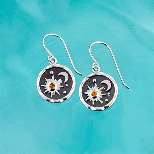 MALOYANVE Vintage Sun and Moon Drop Dangle Earrings for Women Unique lightweight Handmade Retro Boho Antiqued Gold Silver Round Coin Earrings for Women Jewelry - color: Silver