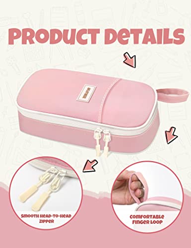 SUNEE Cute Pencil Case, Aesthetic Pen Pouch, Colored Large Pencil Bag with Zipper, Kawaii Stationery Storage and Organizer, School Supplies for Teen and Adult Girls, Pink - color: Pink