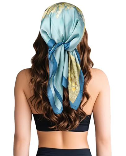 Sumolux Head Hair Scarf for Women Like Satin Silk Scarf Bandana Hair Wrapping Night Large Square Scarves 27.5" - color: Blue Oil Painting