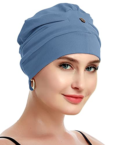 osvyo Cotton Chemo Turbans for Women Cancer Hairloss hat - Cotton Lightweight Headwear Sealed Packaging - color: Cotton Cerulean Blue