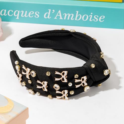 PANTIDE Black Bow Jeweled Knotted Headband - Rhinestone Crystal Pearl Embellished Headband Wide Top Knot Non Slip Hairband Accessories Bachelorette Wedding Birthday Gift for Women Girl (Black) - color: Black Bow