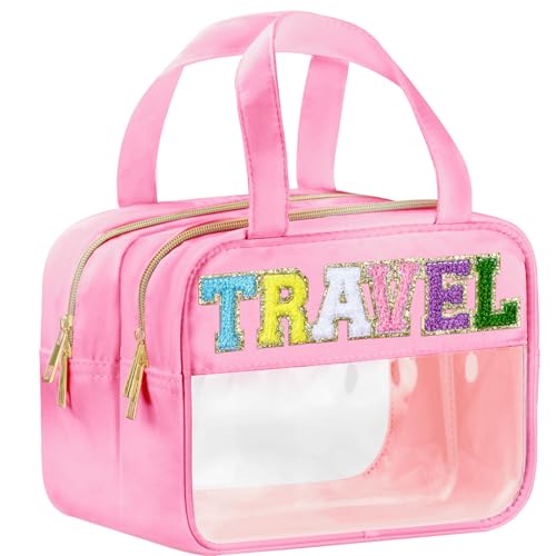 BuyCard Chenille Letter Clear Travel Bags, Makeup Bag for Travel, Preppy Patch Nylon Cosmetic Bag with Handles and Zipper, Waterproof Large Clear Travel Toiletry Bag Storage Bag for Women Pink - color: Pink-Travel