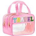 BuyCard Chenille Letter Clear Travel Bags, Makeup Bag for Travel, Preppy Patch Nylon Cosmetic Bag with Handles and Zipper, Waterproof Large Clear Travel Toiletry Bag Storage Bag for Women Pink - color: Pink-Travel