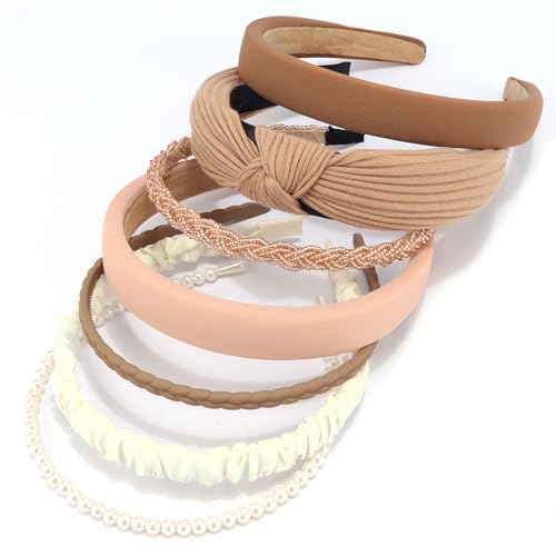 VELSCRUN 7 Pcs Different Headbands for Women Fashion Brown Knotted Solid Head Bands Pearl Headband Non Slip Hair Band for Womens Thin Thick Short Hair Face Wash Hair Accessories Gifts for Women Gilrs - color: Brown