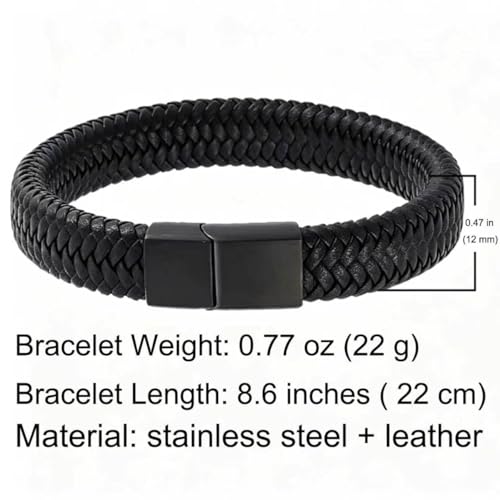 Men's Leather Bracelet, Stackable Stainless Steel Clasp Bracelets for Men Stylish Birthday, Thanksgiving, Valentine's Day Gift for My Man - style: 8.6" Pure Black